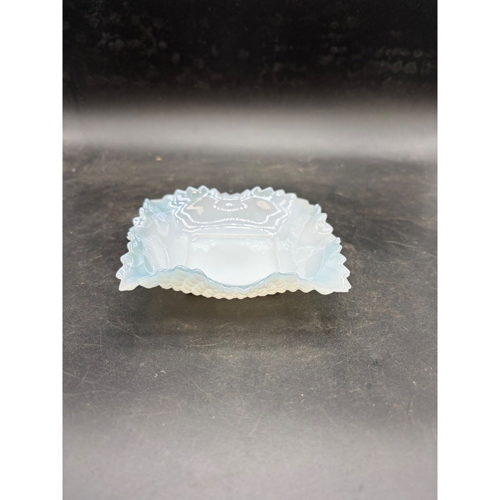 Fenton White Milk Glass Hobnail Opalescent Square Ruffled Trinket Dish Vintage